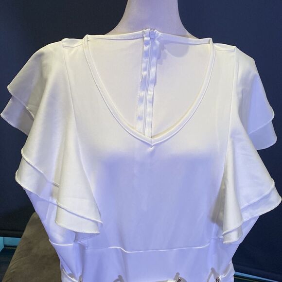 Women’s White Jumpsuit with Ruffles and Silver Waist Detail Size M **READ - Picture 2 of 10